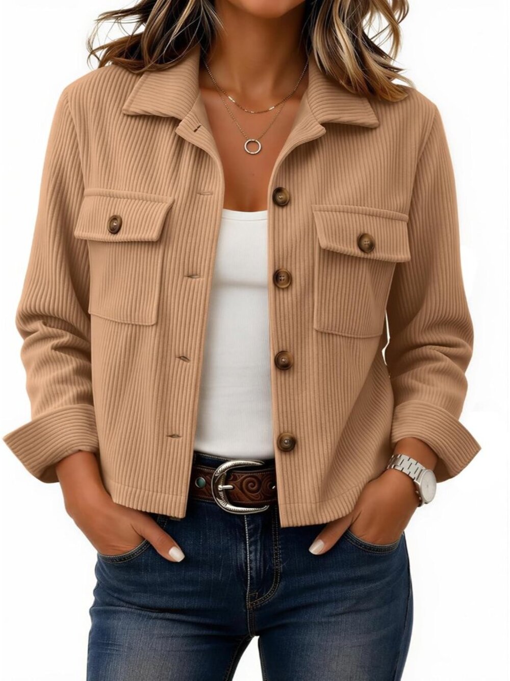 Women's Camel 100% Polyester Corduroy Button Down Flap Pockets Cropped Jacket